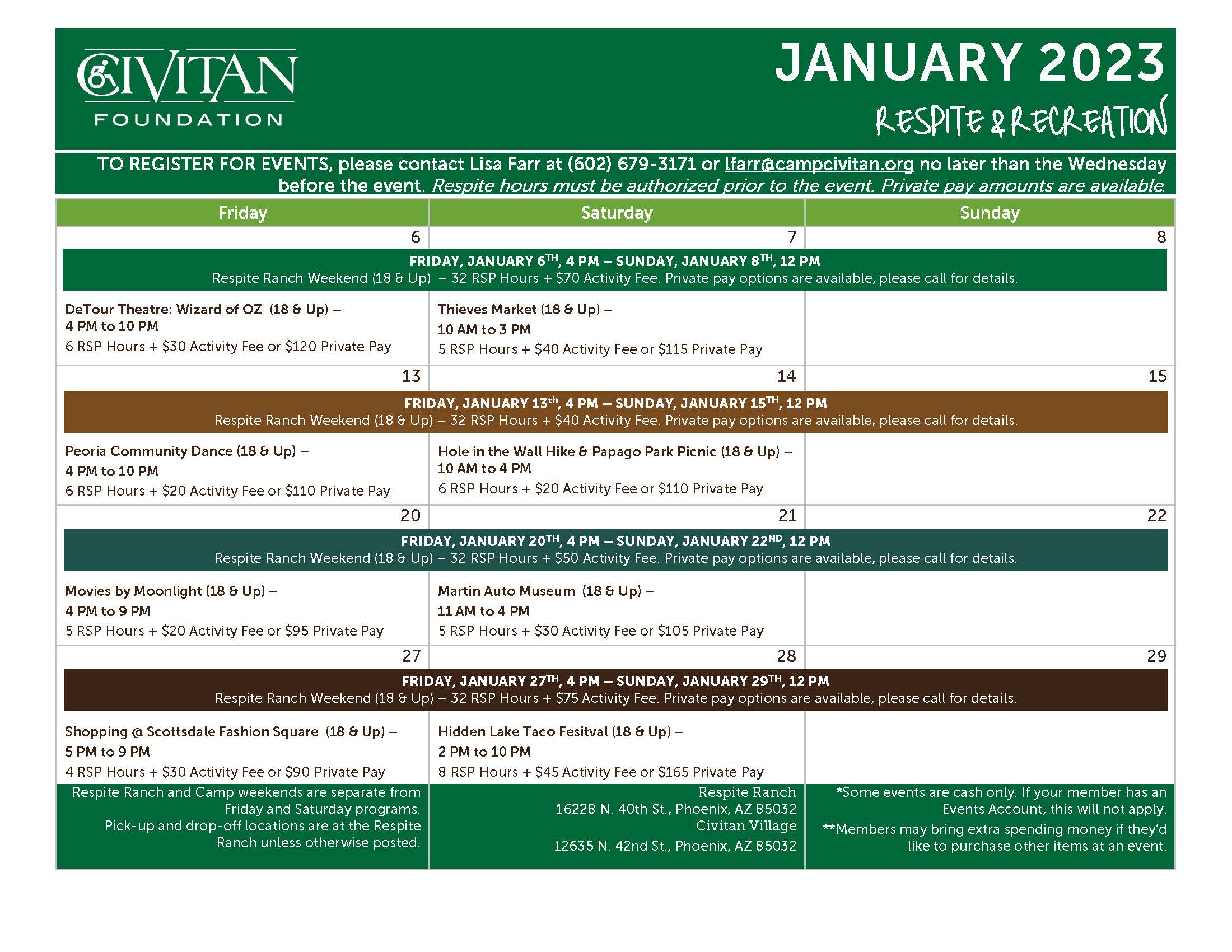 Image of Civitan's January Respite Calendar